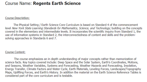 Earth Science Course Description and Content 